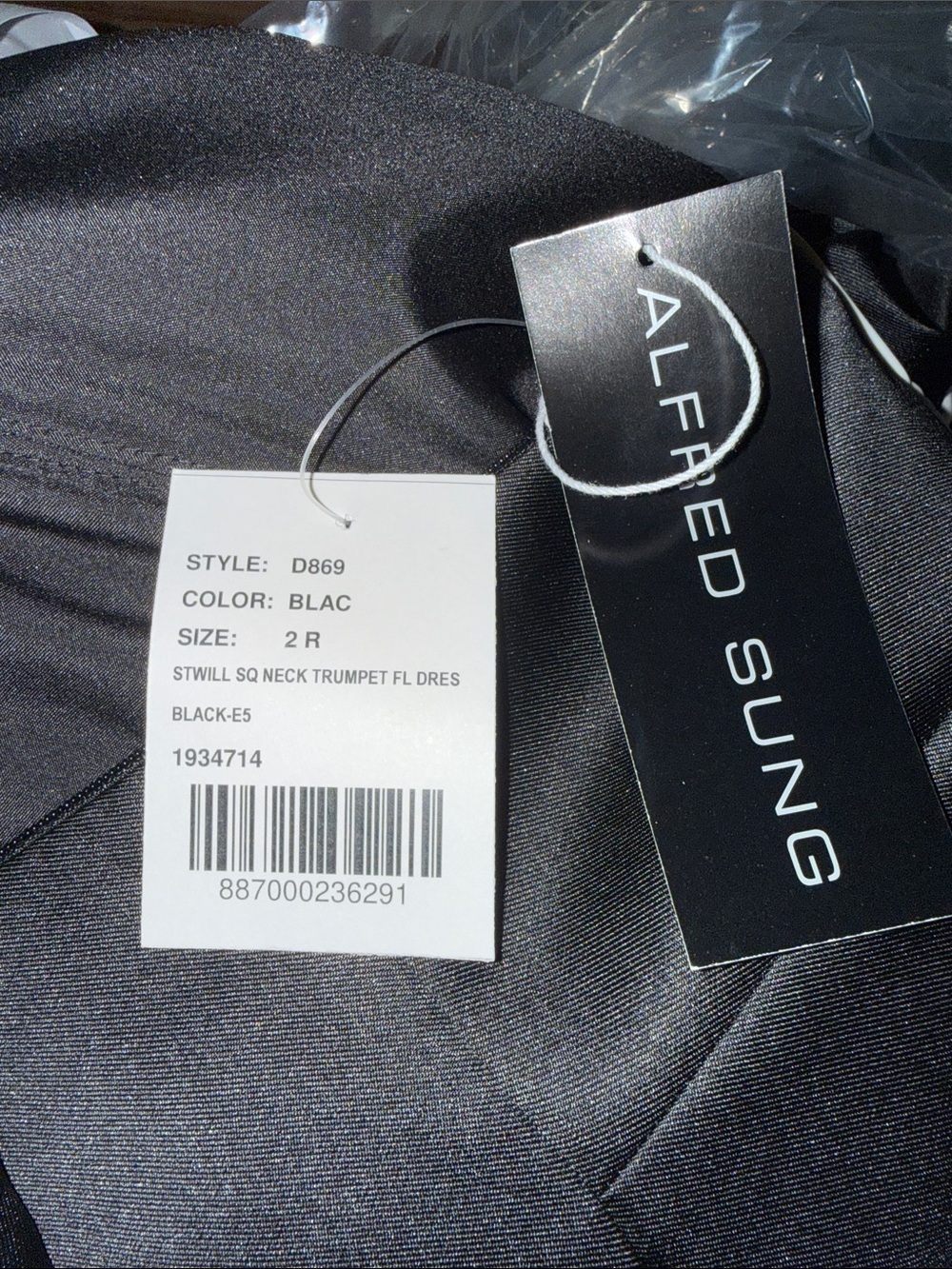 ALFRED SUNG Black Square-Neck Satin Maxi Gown D869 - Picture 7 of 7